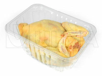 Empacado de pollos enteros en charola rígida termosellada en atmósfera modificada (MAP)
