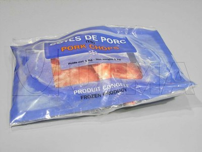 Empacado de rodajas de cerdo congeladas en film LDPE y Laminado.
